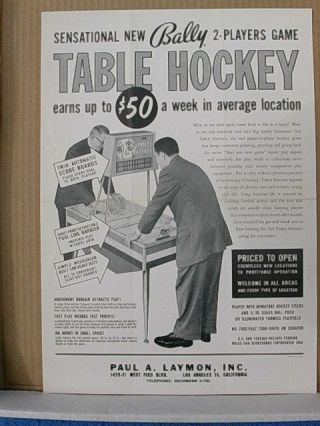 1962 Bally Table Hockey Arcade Game Advertising Flyer
