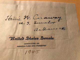Hattie W.  Caraway Autograph,  1st Woman To Serve Full Senate Term,  From Arkansas