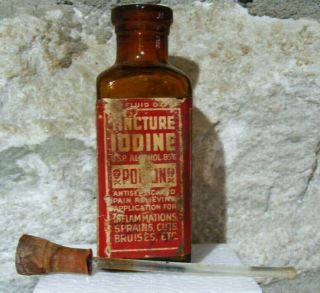 Vintage Poison Tincture Iodine Amber Bottle W/ Cork Dropper Stopper