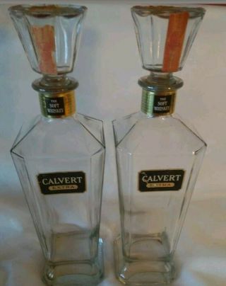 2 Calvert Extra Soft Whiskey Clear Glass Decanter Bottle With Labels