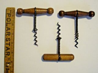 (3) Vintage/antique Twisted Wire Wooden Handle Corkscrews