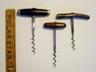 (3) Vintage/antique Wooden Handle Corkscrews With Design Elements To The Shaft