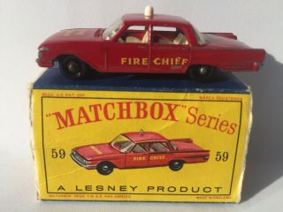 Matchbox Lesney 59 Ford Fairlane Fire Chief Bpw & Orig Type D Box Shell