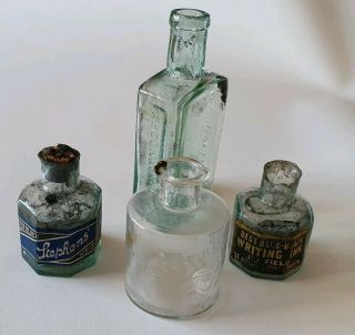 X4 Vintage/antique Glass Ink Bottles Rare J.  J.  Field Stephens Newton Argonaut Co