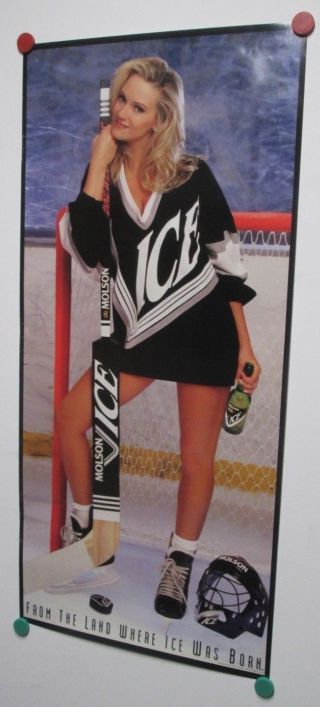 Vintage Molson Ice Beer Poster Hockey Stick Blond Girl Sexy 38x17
