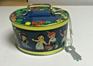 Vintage Oval Shaped Tin Can Bank With Children On Navy Blue Can With Key (a051)