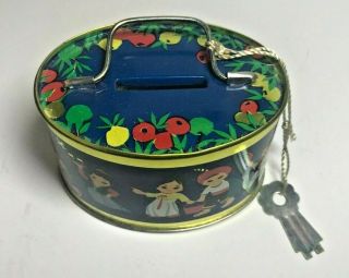 Vintage Oval Shaped Tin Can Bank with Children on Navy Blue Can with Key (A051) 2