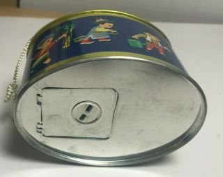 Vintage Oval Shaped Tin Can Bank with Children on Navy Blue Can with Key (A051) 4