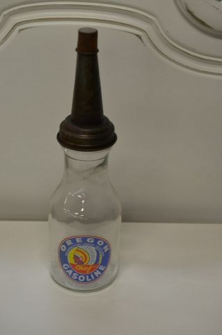 Vintage Style Oregon Gasoline 1 Quart Glass Motor Oil Bottle W Spout & Dust Cap
