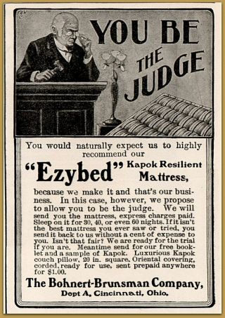 1901 E Ezybed Kapok Mattress " You Be The Judge " Lawyer Judge Gavel Print Ad