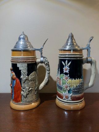 Two Antique German Lidded Beer Stein Mug From West Germany