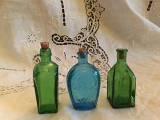 3 Vtg Bottles W/ Corks Green/blue Chief Wahoo Tree Of Life T.  Jefferson Wheaton
