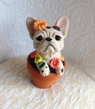 Cream French Bulldog In The Flower Pot Sculpture Clay By Raquel Thewrc Ooak