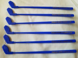 Set 6 Vintage Charles River Country Club Blue Plastic Swizzle Sticks Stirrers