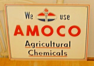 Vintage Nos We Use Amoco Agricultural Farm Chemicals Embossed Tin Sign Gas / Oil