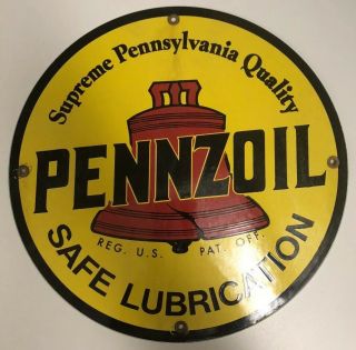 Vintage Pennzoil Safe Lubrication Quality Gas Station Pump Garage Porcelain Sign