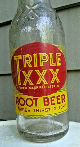 Triple Xxx Root Beer,  8 Oz.  Soda Bottle.  Waco,  Texas Byrne Beverages Inc.  1947