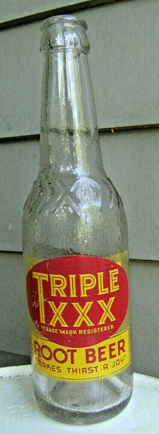 Triple XXX Root Beer,  8 oz.  soda bottle.  Waco,  Texas Byrne Beverages Inc.  1947 2
