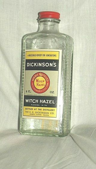 Dickinson Witch Hazel Vintage Glass Bottle W Contents Metal Lid Advertising 8 Oz