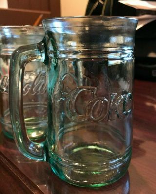 Set Of 6 Vintage Coca - Cola Green Glass Stein Mugs W Handles Coke Rare 16 Ounces