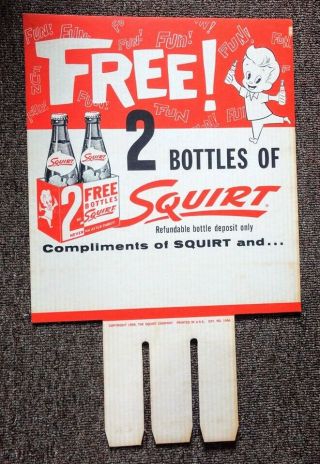 1959 Squirt Soda " 2 Bottles " Cardboard Sign.  Cool