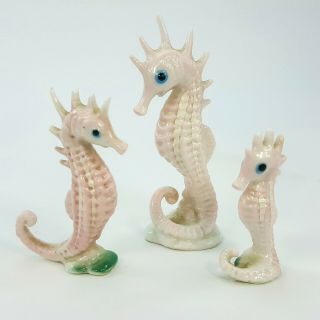 Miniature Bone China Pink Seahorse Figurine 3pc Set Vintage Japan