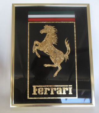 Vintage Reverse Painted Black & Gold Glass Ferrari Framed Wall Art Horse