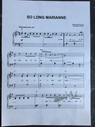Leonard Cohen Hand Signed Autograph " So Long,  Marianne " Music Sheet
