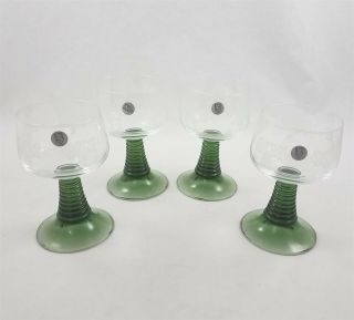 Set Of 4 Vintage Schott - Zwiesel Green Etched Grapes Beehive Cordial Glasses
