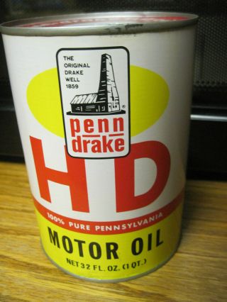 Vintage 1965 Penn - Drake Hd Motor Oil Metal Quart Can Full