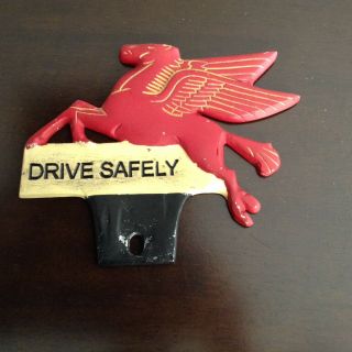 Mobil Gasoline Pegasus Red Flying Horse Gas Station License Plate Topper Fob