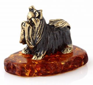 Maltese Dog Brass Bronze Figurine Animal Miniature Sculpture Baltic Amber Base