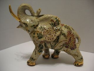 Exquisite Cloisonne Large Elephant Trunk Up Gold Tusks/Feet Good Luck Statue 2