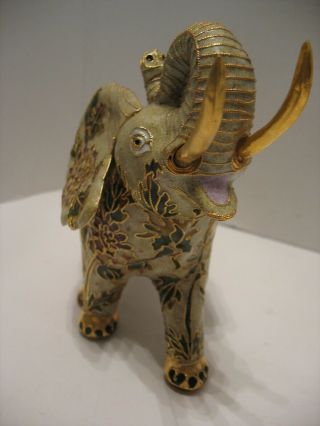 Exquisite Cloisonne Large Elephant Trunk Up Gold Tusks/Feet Good Luck Statue 5