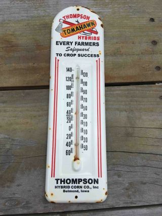 Old Thompson Tomahawk Corn Hybrids Metal Advertising Thermometer Belmond Iowa