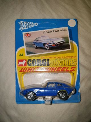 Vintage Corgi Juniors Whizzwheels No 33 Jaguar E Type Series 2 In Blue Version.