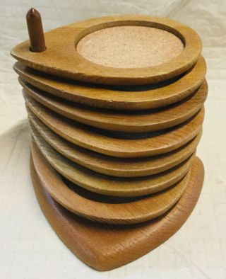 Vintage Sere Wood Hand Carved Japan Hardwood Set Of 7 Coasters With Stand/holder