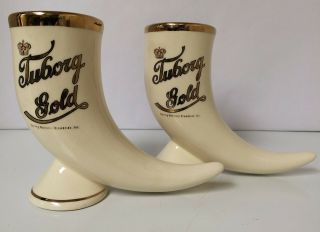 Vintage Ceramic Tuborg Gold Horn Beer Mugs Set Of 2 Carling National Breweries