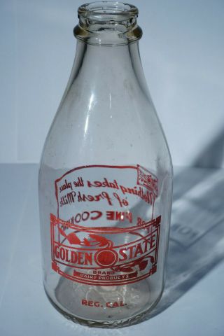 Vintage Milk Bottle Half Gallon Golden State Brand Dairy Products Advertising