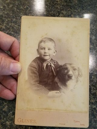 Early Cabinet Card Photo,  Boy Holding His Dog.  Glines Photographer,  Tipton,  Iowa
