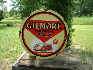 Old 1951 Gilmore Polishing Wax 15 Cents Porcelain Enamel Gas Pump Sign