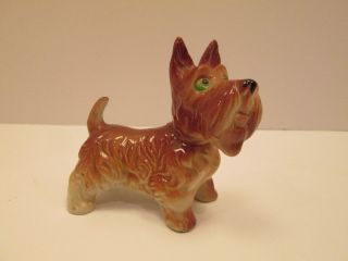 1x Scottish Terrier SCOTTY Dog Rusty Brown Green Eyes Vintage Pottery Figurine 2