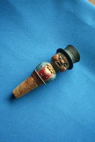 Carved Bottle Stopper Of A Be - Spectacled Man Wearing Top Hat,  Coat And Vest.