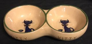 Vintage Art Pottery Pussy Cat Kitty Feline Cobalt W Bowtie Food Double Bowl