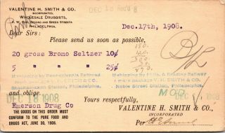 1908 Order Bromo Seltzer Valentine H Smith & Co Philadelphia Invoice Drug
