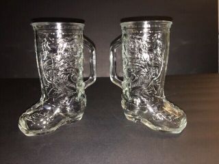 Pair Vintage Clear Glass Mug Vase Cowboy Western Boot Shape W Handle 6 "