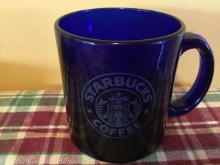 Starbucks Cobalt Blue Etched Glass Coffee Mug Mermaid Logo Made In Usa