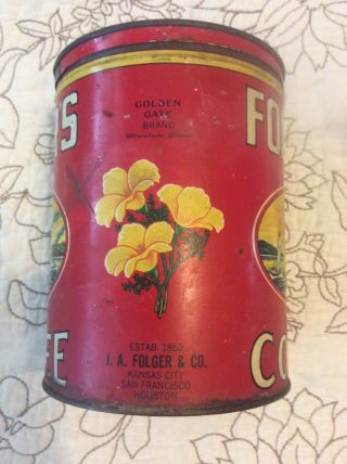 Vintage FOLGERS COFFEE 2 Lb.  Tin CAN Golden Gate Brand 4