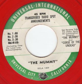 The Mummy / Curse Of Undead Radio Spot Announcements 45 Rpm Wooooooo Scary