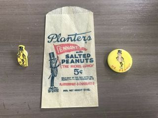 Rare 5 Cent Planters Peanuts Wax Wrapper Bag Mr Peanut Pennant & Pinback Buttons